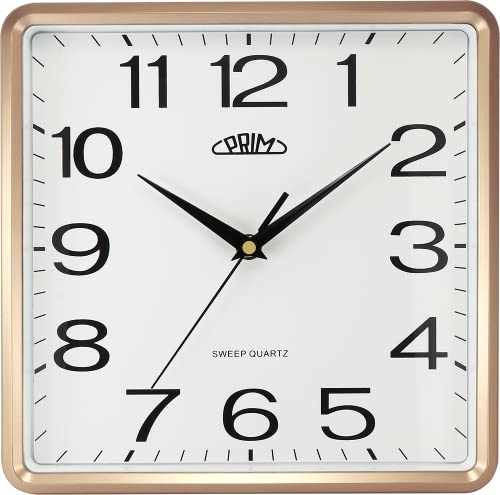 PRIM Square Design Kunstoff Wanduhr, Quadratisch, arabische Ziffern, Rosé Gold/Weiß, Quarz-Uhrwerk Sweep, modern, Analog Wand Uhr, Wanddeko, Dekoration Wohnzimmer, Küche, Büro, Schlafzimmer