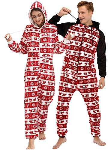 QIYUANT Pigiama di Coppia Natale con Cappuccio Caldo Pile di Flanella Cerniera Intera Autunno Inverno Primavera Adulto Tuta Monopezzo con Tasche (Uomo Rosso XL)