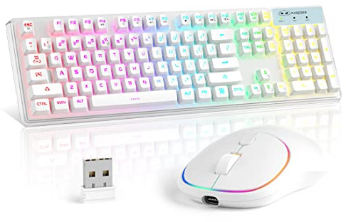 Wireless Gaming Keyboard and Mouse Combo, MageGee V550 2.4G Rechargeable RGB Backlit Keyboard with Clear Shell, Full Size Waterproof Keyboard & LED Mice for PC/Laptop - White