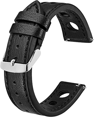 BISONSTRAP Rally Uhrenarmband 22mm, Uhrenarmbänder aus Leder für Herren, Schwarz mit Silberne Schnalle