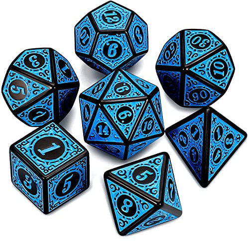 QMAY DND Dice Polyedrisches Würfel Set - 7 Stück für Dungeon und Dragons MTG RPG D&D D20, D12, D10, D%, D8, D6, D4 (Blaue Gravurmuster)