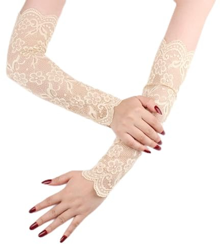 Wambere Damen Kühlung Arm Ärmel,Spitze Lange Handschuhe Arm Sleeve Sonnenschutz Ärmel Spitzen Ärmlinge Stulpe Fahrradhandschuhe Ellenbogen Handschuhe für Radfahren,Laufen,Golf,Fahren,Beige