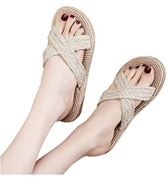 COTCLO Tongs pour femme avec deux sangles de paille - Sandales de plage antidérapantes en corde de chanvre - Espadrilles minimalistes à bande croisée