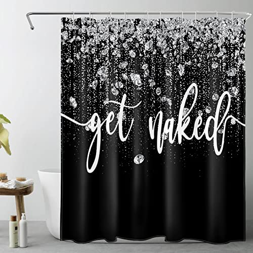 LB Glitzersteine Duschvorhang 150x200cm Lustig Nackt Werden Antischimmel Wasserdicht Badezimmer Vorhänge, Schwarz und Weiß Extra Lange Polyester Stoff Bad Vorhang mit Haken