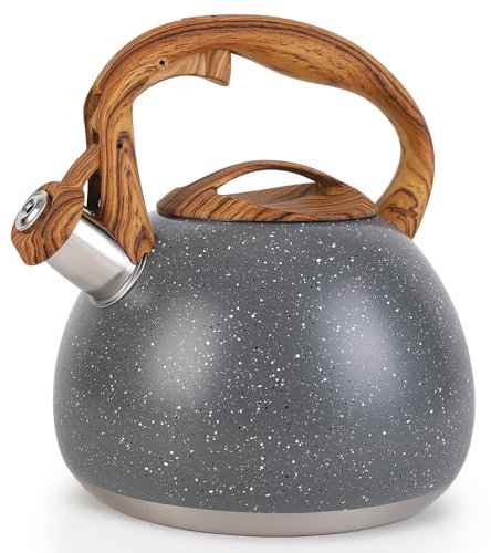 Vegoran Teekessel, 3 Liter Pfeifender Teekessel, Teekannen für Herd, lebensmittelechter Edelstahl mit Holzmuster, klappbarer Griff, lauter Pfeifkessel für Tee, Kaffee, Milch (grau)