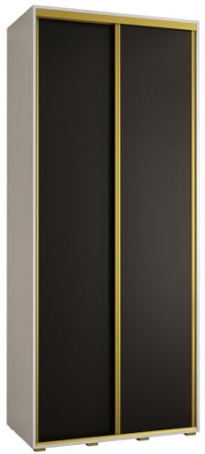 MEBLE KRYSPOL Davos 1 120 Schlafzimmerschrank mit Zwei Schiebetüren - Moderner Kleiderschrank mit Kleiderstange und Regalen - 235,2x120x45 cm - Weiß Schwarz Gold
