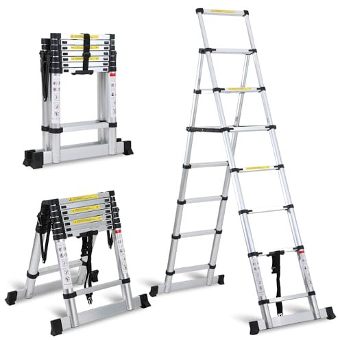 Eulenke teleskopleiter klappleiter 2+2,3M aluleiter Tragbare rutschfeste ausziehbare Leiter 6+7 Stufen, 150 kg Belastbarkeit, Leiter ausziehbar, Mehrzweckleiter, Haushaltsleiter, treppenhausleiter