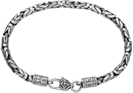 ForFox Pulsera bizantina de plata de ley 925 pulsera de cadena de eslabones redondos con cierre Vajra Dorje para hombre y niño 4mm 18cm