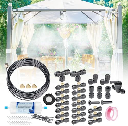 AbrirTrail Nebel für Außenterrasse, 15 m, Nebelsystem mit Filter, 17 Messing-Sprühdüsen, Terrassen-Nebel für Kühlung im Freien, DIY-Installation für Hinterhof, Gewächshaus, Trampolin und Vordach