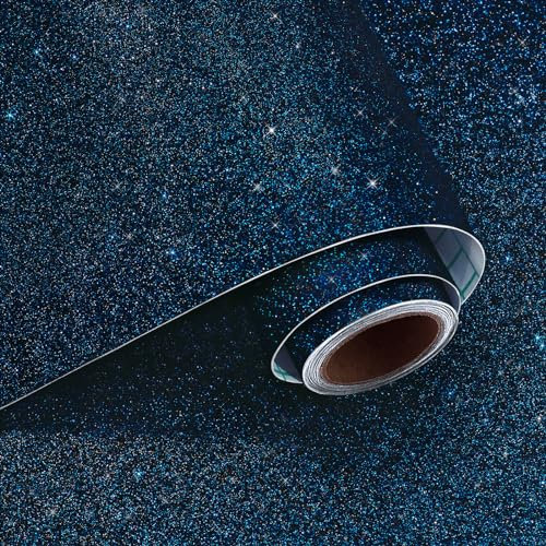 VaryPaper Peel and Stick Black Blue Glitter Wallpaper 40cmx200cm Glitter Fabric Contact Paper Vinyl Wrap for Furniture Thick Lining Paper for Wall Living Room Bedroom Adhesive Shelf Liner Cupboards