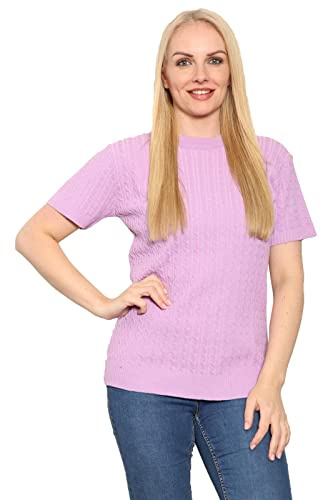 WearAll Women's Short Sleeve Chunky Cable Knitted Jumper - Ladies Oversized Crew Neck Loose Sweater Lilac Top Plus Size 8-10