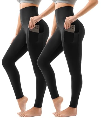 Sanpetix Sport Leggings Damen High Waist, Sporthose Damen Lang Mit Taschen Für Gym Yoga 2er Pack SM Schwarz