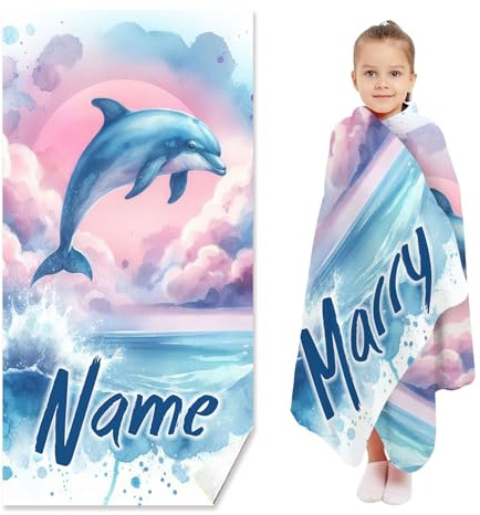 SHROUDEX Personalisiertes Strandtuch mit Namen Delfin Strandtücher, Badetuch Handtücher mit Namen, Mikrofaser Strandtuch Groß 80x160 cm für Mädchen Kinder Strand (A,60x120cm)