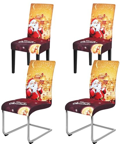Yugarlibi Weihnachten Stuhlhussen 4er Set Schwingstuhl Stuhlbezug Rot Gold | Stuhlhussen Schwingstuhl 4er Set Stuhlbezug Universal Xmas Esszimmerstühle Bezug Waschbare hussen für stühle Hotel Party