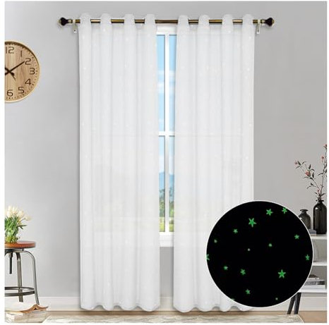 HonunGron 2 Stück Sterne Vorhang Verdunklungsvorhänge, Im Dunkeln leuchtende Sternvorhänge, Halbtransparent Sterne Vorhänge mit Ösen für Kinderzimmer Wohnzimmer Schlafzimmer (Weiß,243 X 132cm H x B)