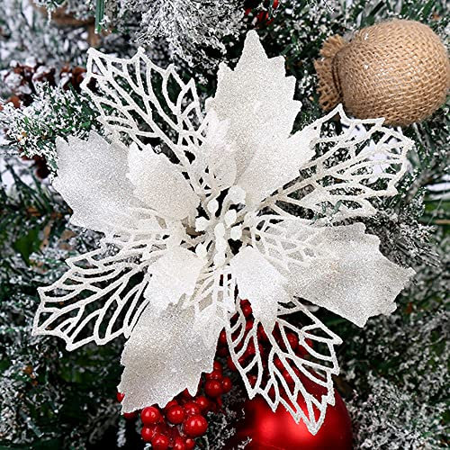 Anevous 6 Stück Glitzer Weihnachten Blumen, Weihnachtsstern Künstliche Blumen, Deko Blumen Weihnachten Weihnachtsblumen Deko für Weihnachtsbaum, Ornamente, Hochzeit, 9cm,Weiß