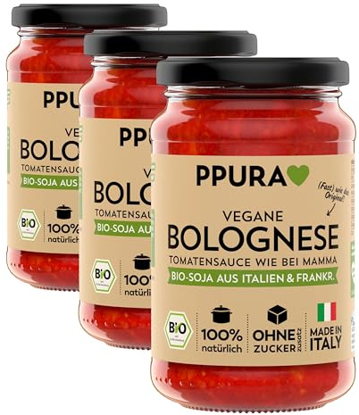 PPURA Bio Tomatensauce Vegane Bolognese | Pasta-Sauce mit Bio-Soja | Sugo Made in Italy | 100% Natürlich | Nudel-Soße Vegan Ohne Zuckerzusatz & Konservierungsstoffe | 340g Glas (Packung mit 3)