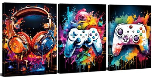 Gaming Wall Art Colourful Gaming Room Decor for Boys Room Watercolor Canvas Prints Graffiti Gamepad Headphones Pictures Artwork for Teen Kids Game Room Bedroom Playroom Home Decoration 30x40cm 3Pc