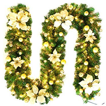 9ft Christmas Garland with LED Lights, Battery Operated Pre-Lit Artificial Garland for Christmas Decor Stairs Wall Door Indoor Outdoor (Gold, ONE SIZE)