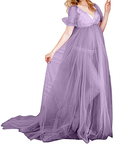 Robe longue en tulle pour femme - Rose violet - Robe maxi en tulle - Manches courtes - Col en V - Robe de soirée - Robe de bal - Robe de cocktail - Costume de carnaval, lilas, XL