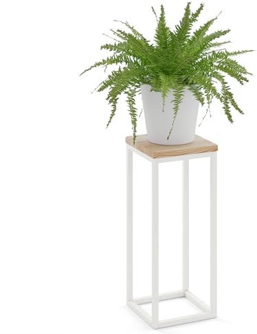 LAMO Manufaktur 50 cm Support Plantes | Piédéstal pour Plantes | Porte-plantes Interieur Cadre Blanc Gris | Plateau 100% Bois Massif Couleur: Naturel