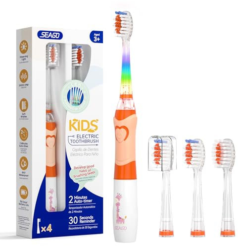 Seago Kids Electric Toothbrush, Battery Powered Toothbrushes for Childrens with Timer, Rainbow LED Light, 4 Brush Heads, Soft Bristles, Fun for Boys and Girls Aged 3 Years and Up, SG977 (Orange)