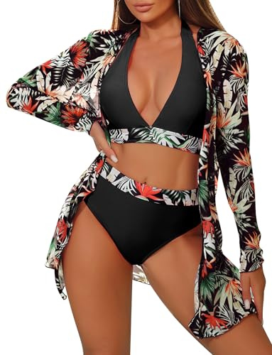 Maeau - Ensemble Bikini 3 Pièces Femme Légère Douce avec Chemisier Ample Plage Été Haute Taille Élastique Maillot de Bain Imprimé L Noir