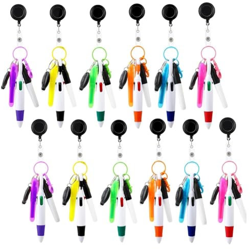 Fuhjythy Juego de 72 Bolígrafos Retráctiles con Forma de Carrete para Insignias, con Mini Resaltador, Marcador Permanente y Linterna LED
