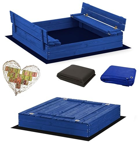 Sandkasten aus Holz 120x120 Imprägniert oder Unbehandelt Sandbox mit Abdeckung Sitzbänken Deckel Plane Sandkiste Sandkastenvlies (120x120 Blau)