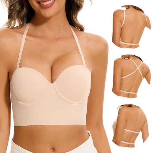 Zekeylin Soutien Gorge Dos Nu - Invisible sans Coutures à Léger RembourrageGorge Dos Transparent Multiples et Convertibles Soutien(Nude, 90E)