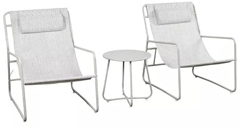 Brooklyn 3-Piece Outdoor Bistro Set – Stylish Light Grey Metal Lounge Chairs with Headrests & Compact Side Table – Weather-Resistant Patio Furniture for Balcony, Conservatory & Garden