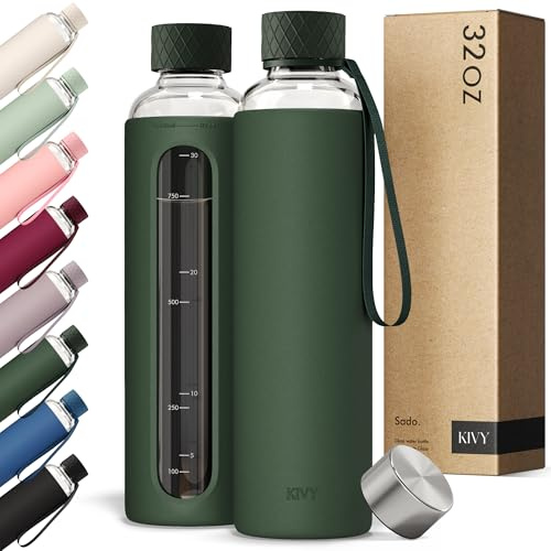 KIVY Borraccia in vetro con custodia in silicone, 907,2 g, con misurazione | Borraccia in vetro borosilicato con tappo a vite, bottiglie trasparenti con marcatura di misurazione, estetica sottile