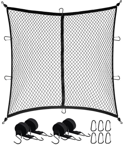 FreeTec Gepäcknetz 120x120cm [Dehnbar bis 210x210cm], Hochelastisches Gepäcknetz Aufbewahrung, Kofferraum LKW-Bettnetz mit 4 Haltegurten & 6 Karabiner für Auto LKW Wohnmobile (Einlagig)