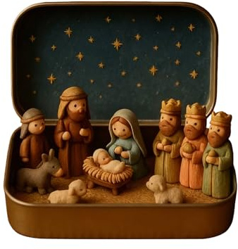 Mini Christmas Nativity Set in a Tin Box, Christmas Nativity Scene Set, Portable Pocket Christian Nativitys Scene Figures Decoration Sets, Handmade Religious Holy Family Jesus Figurines Ornaments