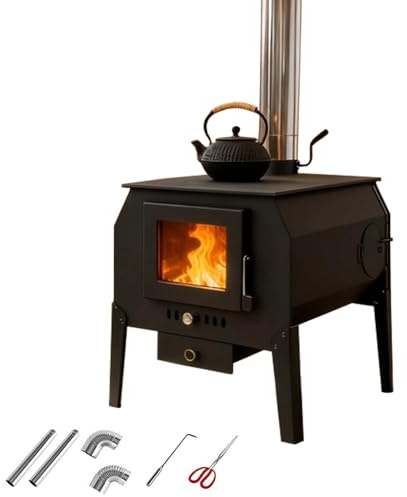 Poele a Bois Portable avec Fenêtre D'observation, Poêle à Bois pour Chalet, Camping, Tente et Usage Familial, avec Conduit de Cheminée en Acier Inoxydable(50cm/20in)