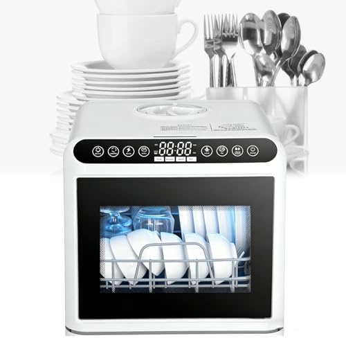 Portable Countertop Dishwasher, 5L Water Tank Mini Dishwasher with 5 Washing Programs, Air-Dry Function and LED Light, No Hookup Needed.