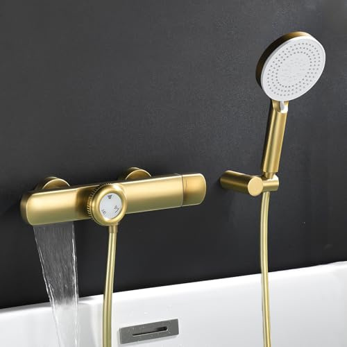SWHC Mitigeur Baignoire Thermostatique Bain Douche Bec Cascade, Robinet Baignoire avec Douchette 3 Fonctions, Laiton, Entraxe 135-165mm
