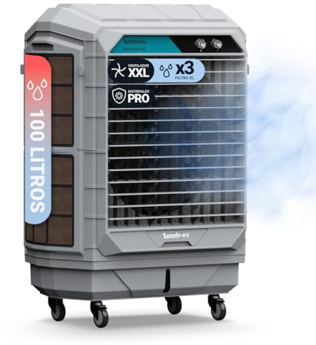 Symphony Movicool XL-200, Climatizador Evaporativo Industrial, 200 Litros, Ventilador XXL, Triple Filtro XL, Materiales PRO, Gris, 120 m², Ventilador XXL de Alto Caudal 18000m³/h