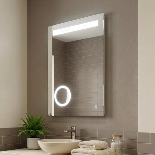 Croydex Halington 70 x 50cm LED Bathroom Mirror with 3x Magnifying Circle | Flexi-Fix™ easy fit bracket | Demister anti-fog function | Touch Sensor | Portrait | Ring lighting