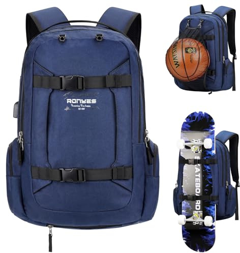 Ronyes Sac à dos pour ordinateur portable de 17,3 avec port de charge USB, sac à dos de basket-ball, longboard, sac à dos pour le sport et les voyages