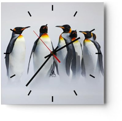 Modern Wanduhr Pinguine Winter Schnee Spaziergang 30x30cm Quadrat Klein Wand Uhr Glas Analog Zimmeruhren Küche Büro Wohnzimmer Glasuhr Wall Clock Dekoration Design Küchenuhr C3AC30x30-2893