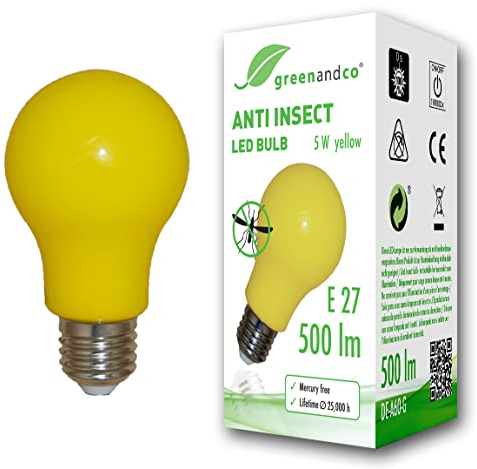 greenandco® Bombilla LED anti-mosquitos, anti-insectos E27, amarilla, 5W, 500lm, longitud de onda 560-580nm, no regulable