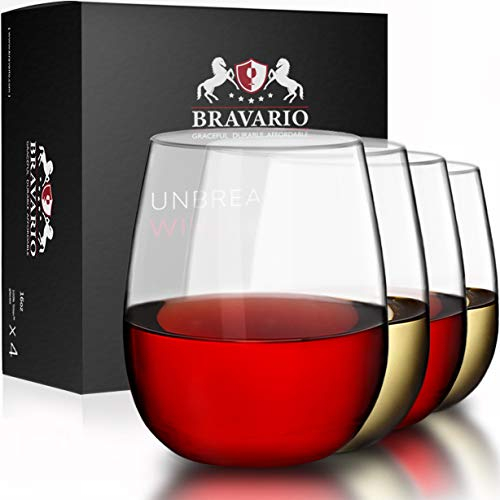 Bravario Lot de 4 verres à vin en plastique incassable 100 % Tritan - Passe au lave-vaisselle - Sans BPA - Idéal pour l'intérieur et l'extérieur - 473,6 g