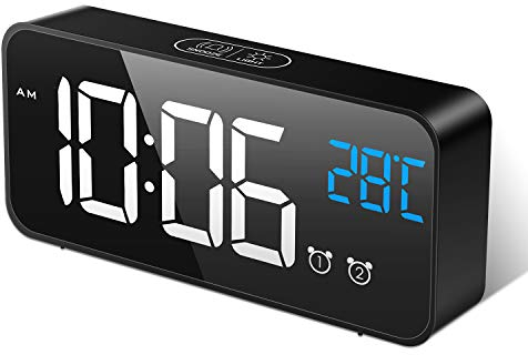 MOSUO Digitaler Wecker, LED Digital Wecker Spiegel Tischuhr mit Sprachsteuerung & Temperatur Anzeige, Reisewecker Uhr USB Aufladen, 2 Weckzeiten, Snooze, Einstellbare Helligkeit & Lautstärke, Schwarz