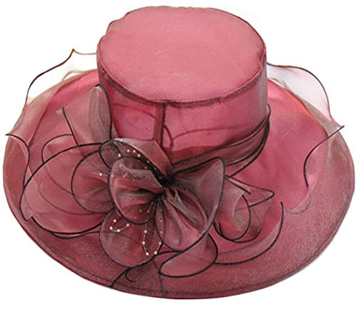 ZESLIV Sombrero de Organza para Mujer, Boda, Novia - Sombrero de Sol con Flores, Verano, Paja - Borgoña