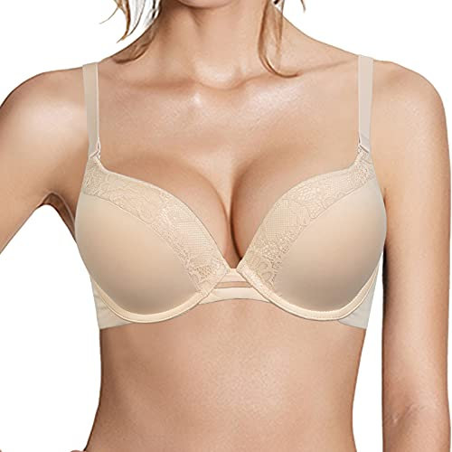 Pushlus Push Up Thick Padded Plunge Underwire T Shirt Lace Bra Lift Support for Women Add One Cup, Nude Bra, 32A