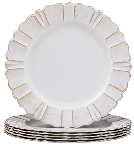 MAONAME 13 Charger Plates, Antique Plate Chargers With Wipe Gold Waved Scalloped Rim, Plastic Chargers for Table Setting, Wedding decor, Set of 6, Wipe Gold White