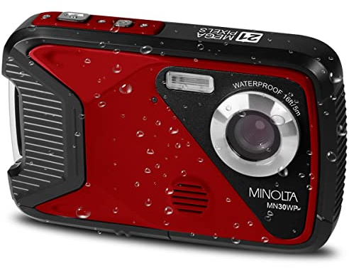 Minolta Waterproof Digital Camera - Underwater 16ft, 21MP Photos, 1080p HD Video, 2.8” LCD, 4X Digital Zoom, Anti-Shake, Face Detection, Smile Capture, Scene Modes, 16GB Memory Card (Red)