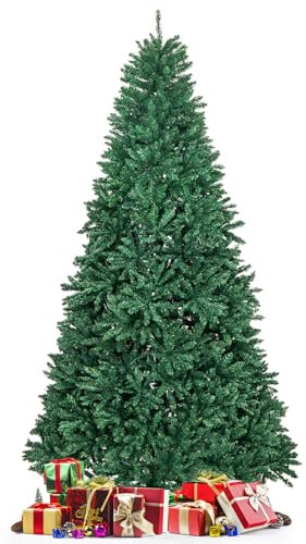 GYMAX Sapin de Noël Artificiel 270cm, 3594 Branches Touffus Réalistes, Installation Facile en 4 Sections, Arbre Décoratif de Noël en Matériau PVC, Support Métallique Pliable