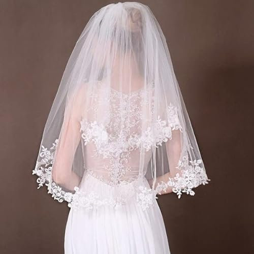 HMTE Brautschleier Neue schöne 2-lagige weiße Spitzenkante Hochzeit Brautschleier mit Kamm (Elfenbein A)